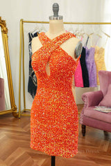 Formal Dresses Long Elegant Classy, Orange Sheath Halter Sequins Cut-Out Mini Homecoming Dress