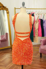 Formal Dresses Long Elegant Evening Gowns, Orange Sheath Halter Sequins Cut-Out Mini Homecoming Dress