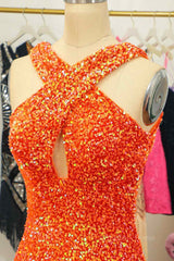 Formal Dresses Off The Shoulder, Orange Sheath Halter Sequins Cut-Out Mini Homecoming Dress