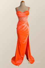 Formal Dresses Gowns, Orange Spaghetti Straps Mermaid Long Formal Dress