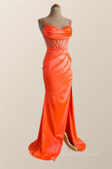 Formal Dresses Elegant, Orange Spaghetti Straps Mermaid Long Formal Dress