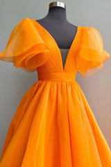 Formal Dress Cheap, Orange V-Neck Long Prom Dress, A-Line Short Sleeve Evening Dress