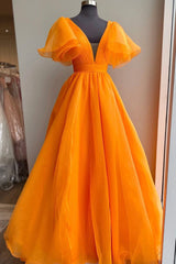 Formal Dress Places Near Me, Orange V-Neck Long Prom Dress, A-Line Short Sleeve Evening Dress