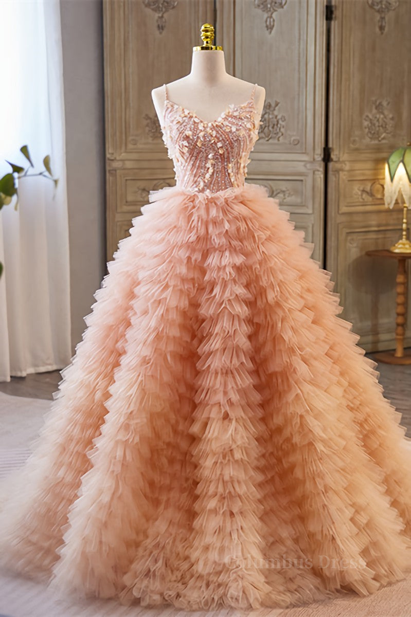 Prom Dresses Burgundy, Orange pink Sequined A-line Multi-Layers Slip Long Prom Dress