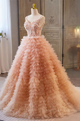 Prom Dresses Yellow, Orange pink Sequined A-line Multi-Layers Slip Long Prom Dress