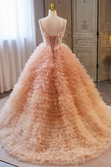 Prom Dresses Black Girl, Orange pink Sequined A-line Multi-Layers Slip Long Prom Dress