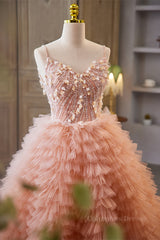 Prom Dresses Black Girls, Orange pink Sequined A-line Multi-Layers Slip Long Prom Dress