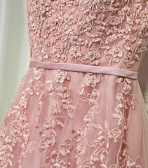 Beauty Dress Design, Pink Lace Tulle Long A Line Prom Dress, Pink Evening Dress, 1