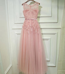 Champagne Prom Dress, Pink Lace Tulle Long A Line Prom Dress, Pink Evening Dress, 1