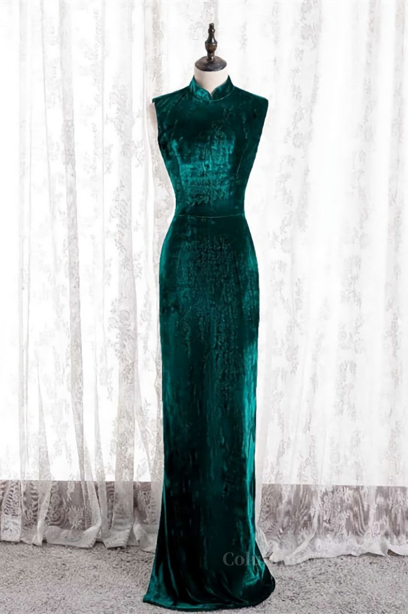 Stunning Dress, Peacock High Neck Mermaid Sleeveless Velvet Long Formal Dress with Slit