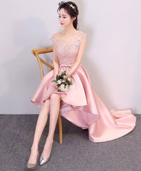 Prom Dress 2048, Pink High Low Lace Prom Dress, Pink Formal Bridesmaid Dress