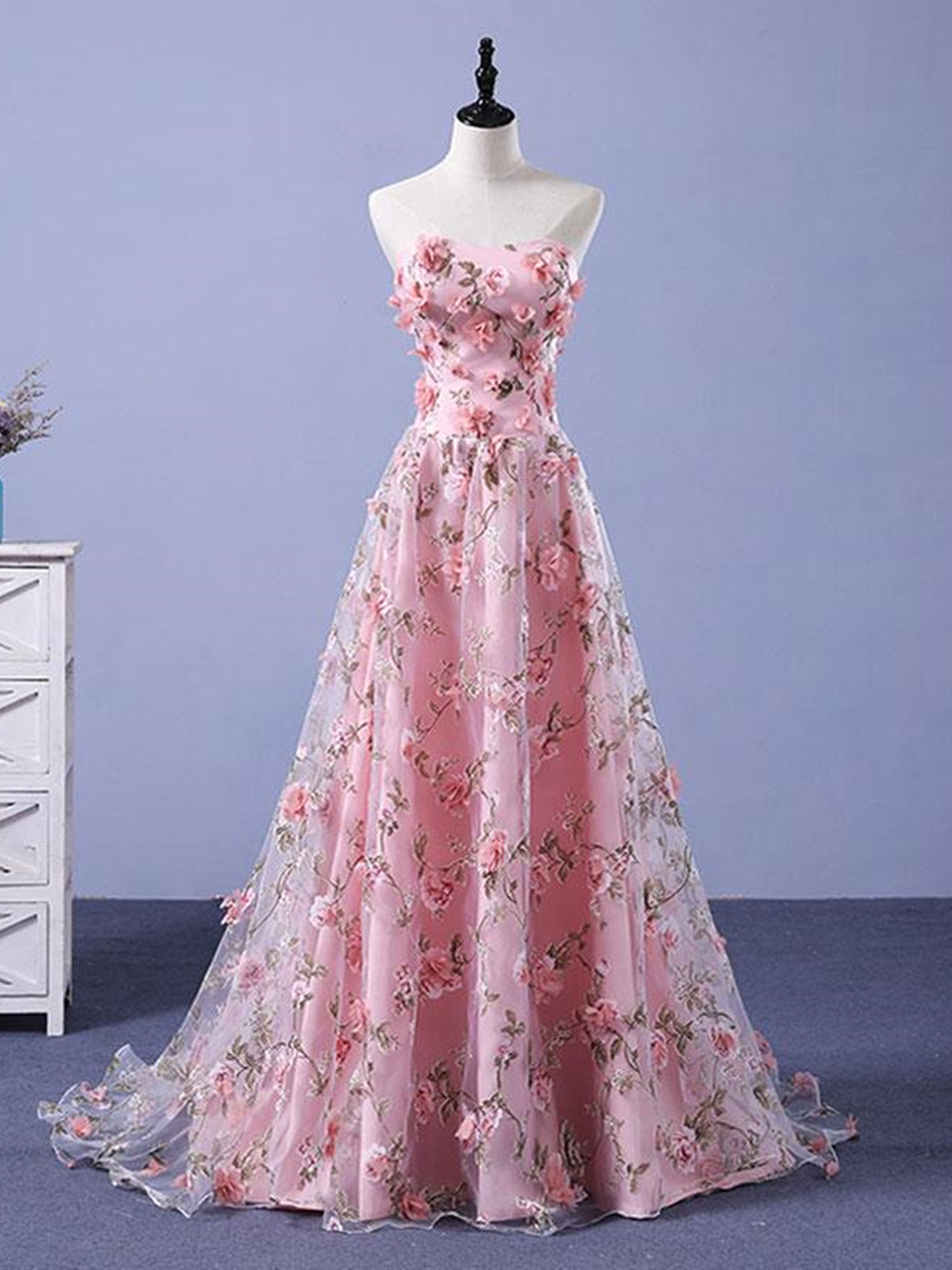Formal Dress Shops, Pink 3D Flower Long Prom Dresses, 3D Floral Pink Long Formal Evening Dresses