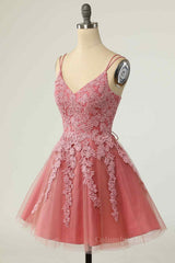 Fantasy Dress, Pink A-line Double Straps V Neck Lace-Up Applique Mini Homecoming Dress