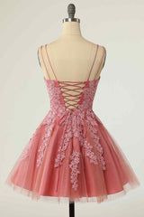 Party Dress Brown, Pink A-line Double Straps V Neck Lace-Up Applique Mini Homecoming Dress
