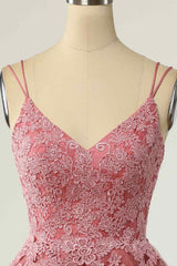 Party Dress Beige, Pink A-line Double Straps V Neck Lace-Up Applique Mini Homecoming Dress