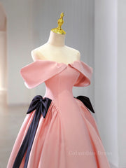 Prom Dress Modest, Pink A-Line Satin Off Shoulder Long Prom Dress, Pink Formal Evening Dresses