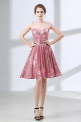 Evening Dress Yde, Pink A-Line Sequined Short Homecoming Dresses