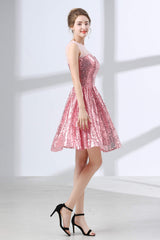 Evening Dress Near Me, Pink A-Line Sequined Short Homecoming Dresses