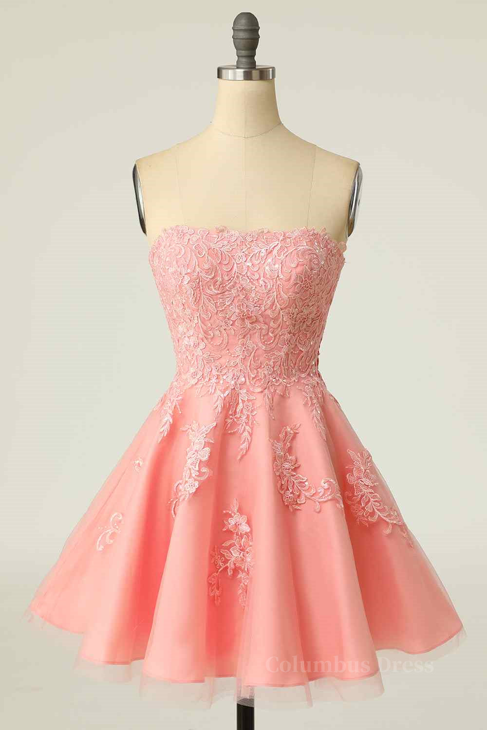 Tights Dress Outfit, Pink A-line Strapless Lace-Up Back Applique Tulle Mini Homecoming Dress