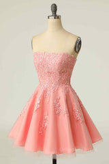 Prom 2026, Pink A-line Strapless Lace-Up Back Applique Tulle Mini Homecoming Dress