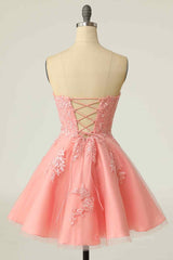 Dinner Dress Classy, Pink A-line Strapless Lace-Up Back Applique Tulle Mini Homecoming Dress