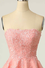 Fancy Outfit, Pink A-line Strapless Lace-Up Back Applique Tulle Mini Homecoming Dress