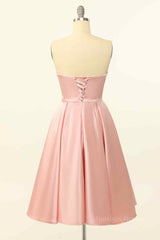 Club Outfit, Pink A-line Strapless Satin Lace-Up Back Mini Homecoming Dress