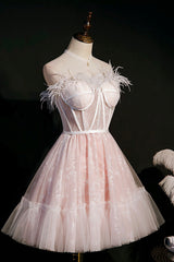 Boho Dress, Pink A-Line Tulle Short Prom Dress with Feather, Pink Strapless Party Dress