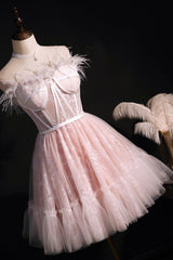 Formal, Pink A-Line Tulle Short Prom Dress with Feather, Pink Strapless Party Dress