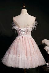 Short Formal Dress, Pink A-Line Tulle Short Prom Dress with Feather, Pink Strapless Party Dress