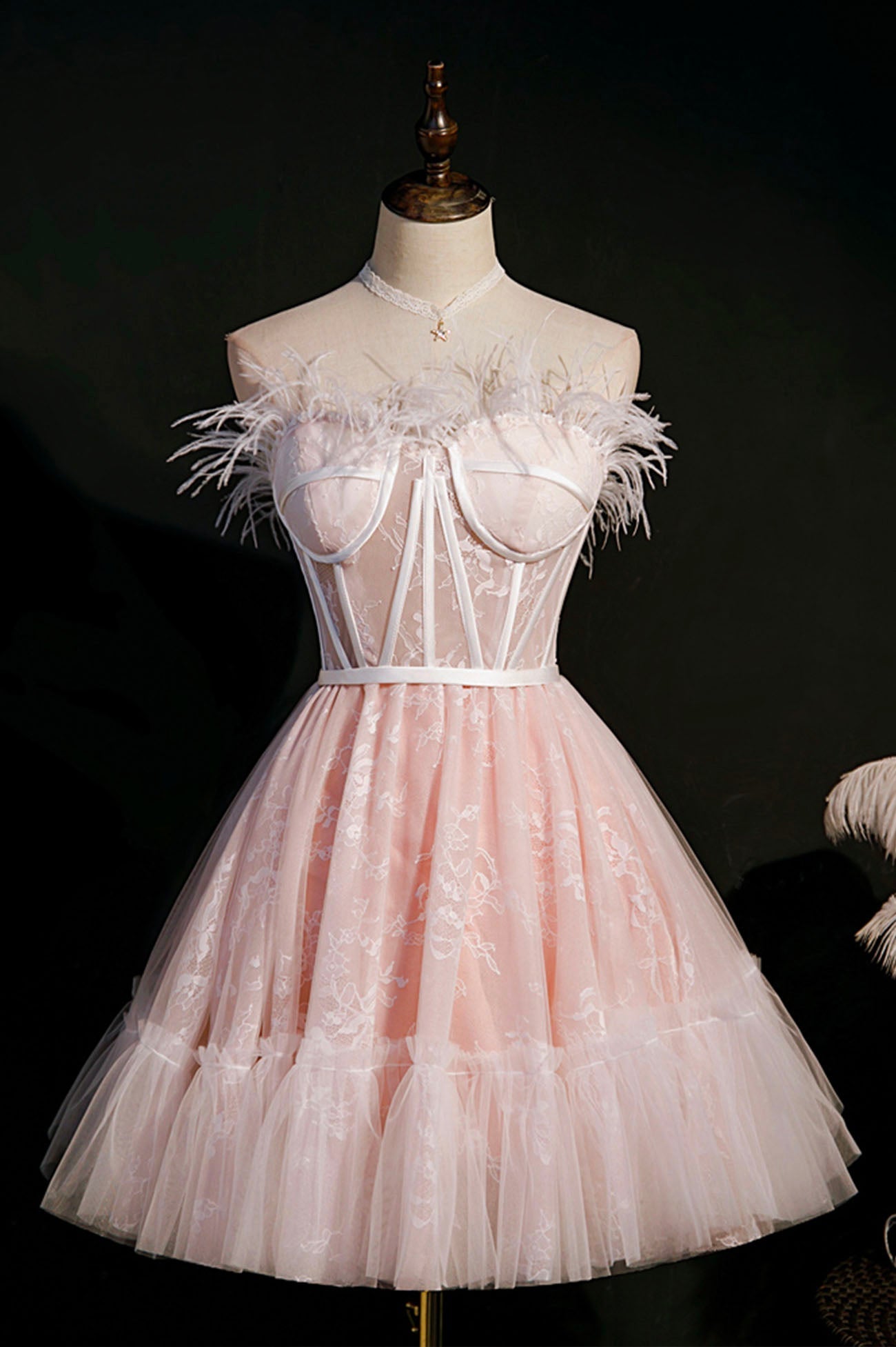 Semi Formal Outfit, Pink A-Line Tulle Short Prom Dress with Feather, Pink Strapless Party Dress