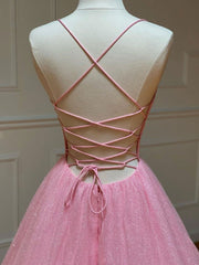 Prom Dresses For Short Girl, Pink A-line v neck tulle long prom dress, pink evening dress