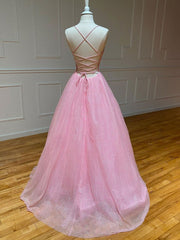 Prom Dress For Girl, Pink A-line v neck tulle long prom dress, pink evening dress