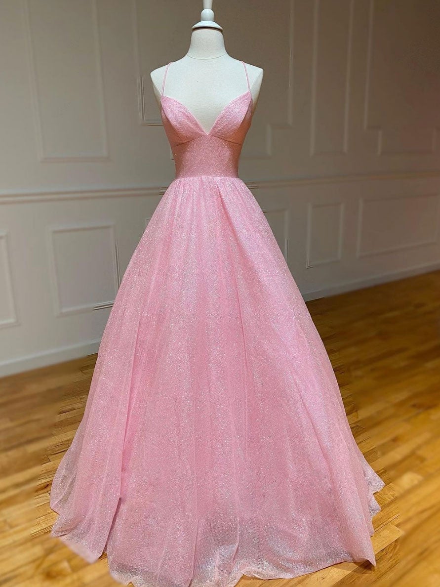 Prom Dress For Short Girl, Pink A-line v neck tulle long prom dress, pink evening dress