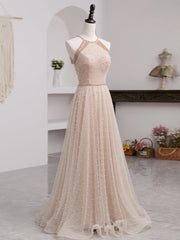 Dream, Pink Beaded Tulle Halter Long Formal Dress Evening Dress, Pink Long A-line Party Dress