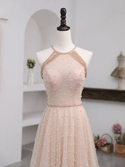 Vintage Dress, Pink Beaded Tulle Halter Long Formal Dress Evening Dress, Pink Long A-line Party Dress