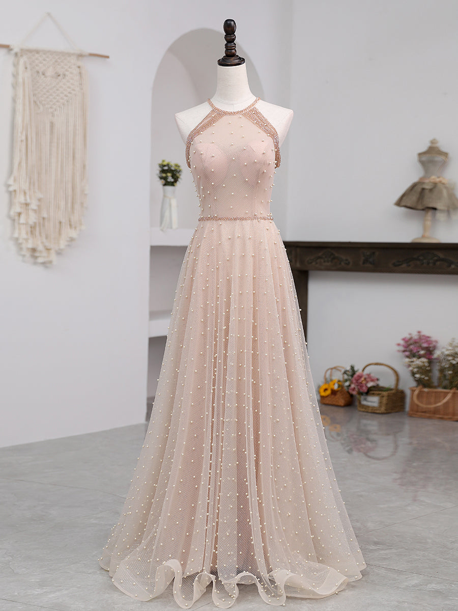 Prom Dress For Kids, Pink Beaded Tulle Halter Long Formal Dress Evening Dress, Pink Long A-line Party Dress