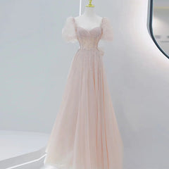 Homecoming Dresses Blues, Pink Beaded Tulle Short Sleeves Long Party Dress, Pink Sweet 16 Dresses