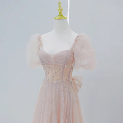Homecomming Dresses Red, Pink Beaded Tulle Short Sleeves Long Party Dress, Pink Sweet 16 Dresses