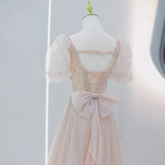 Homecomeing Dresses Red, Pink Beaded Tulle Short Sleeves Long Party Dress, Pink Sweet 16 Dresses