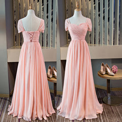 Party Dresses Near Me, Pink Chiffon Cap Sleeves Long Bridesmaid Dress, Floor Length Pink Party Dress