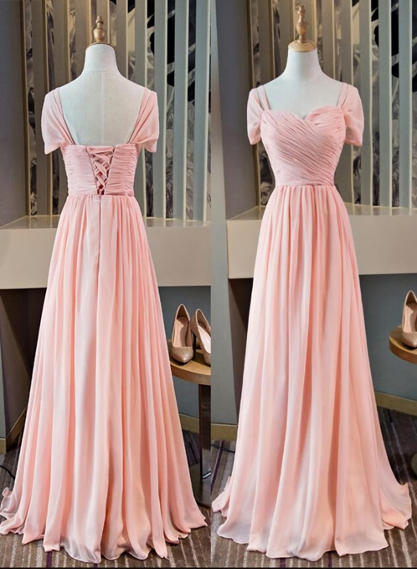 Party Dress Near Me, Pink Chiffon Cap Sleeves Long Bridesmaid Dress, Floor Length Pink Party Dress