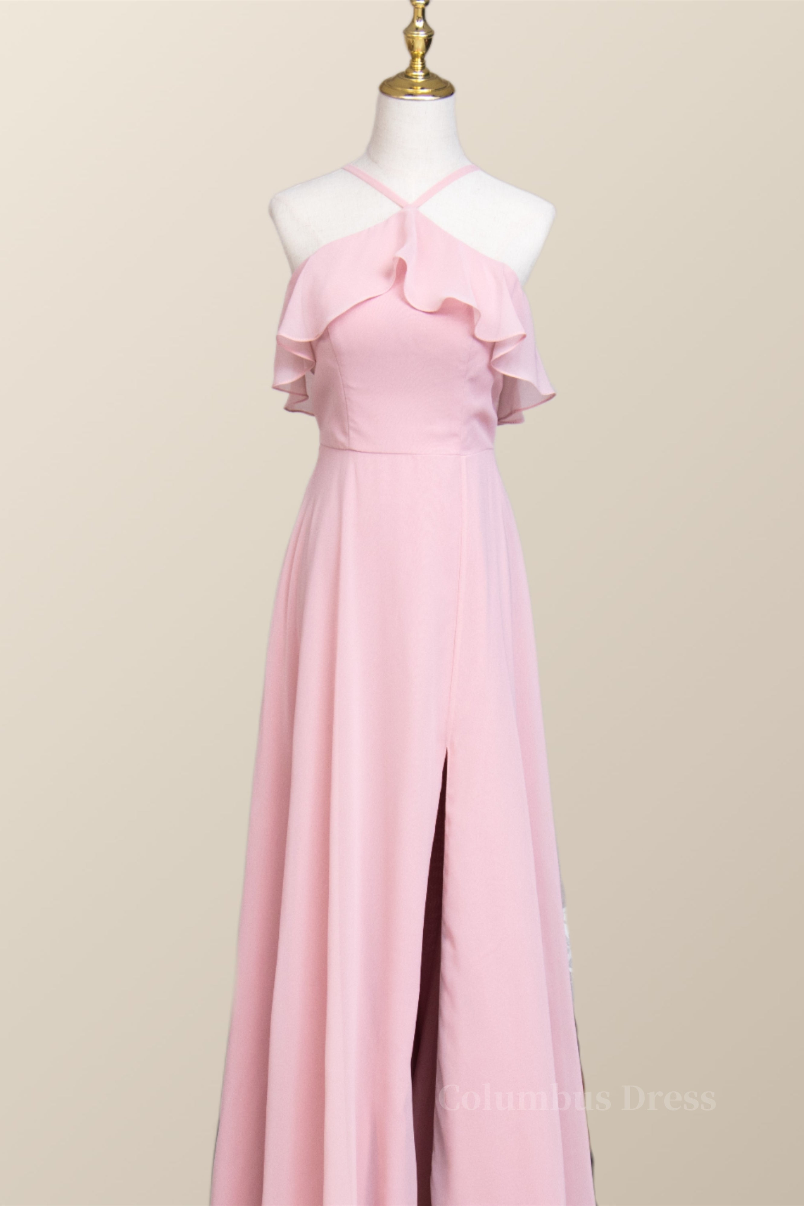Prom Dress Colorful, Pink Chiffon Ruffle Halter A-line Long Bridesmaid Dress