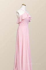 Prom Dress 2026, Pink Chiffon Ruffle Halter A-line Long Bridesmaid Dress