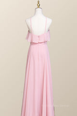 Prom Dresses 2026, Pink Chiffon Ruffle Halter A-line Long Bridesmaid Dress