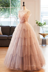 Prom Dresses Colors, Pink Deep V Neck Straps Beaded Appliques Multi-Layers Maxi Formal Dress