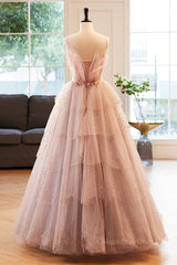 Prom Dress Colorful, Pink Deep V Neck Straps Beaded Appliques Multi-Layers Maxi Formal Dress