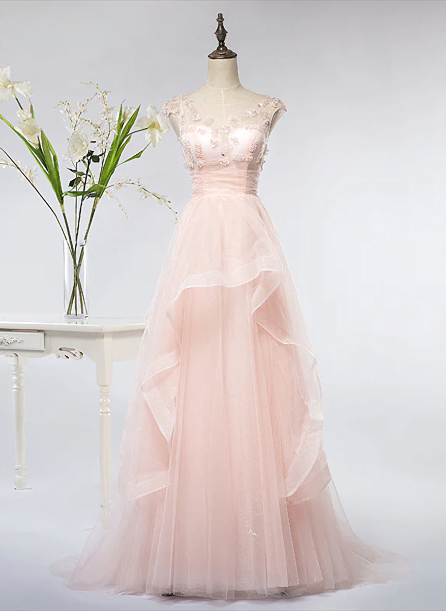 Wedding Dress Top, Pink Elegant Tulle A-line Floor Length Wedding Party Dresses, Light Pink Gown