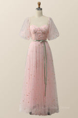 Homecoming Dress Formal, Pink Floral Embroidered Dress with Half Puffy Sleeves