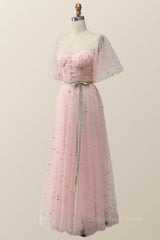 Homecoming Dress Style, Pink Floral Embroidered Dress with Half Puffy Sleeves